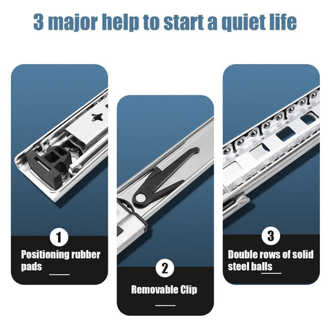 Beefed Up Heavy Duty Drawer Slides With Lock And Full Extension showing positioning rubber pads, removable clip, solid steel balls