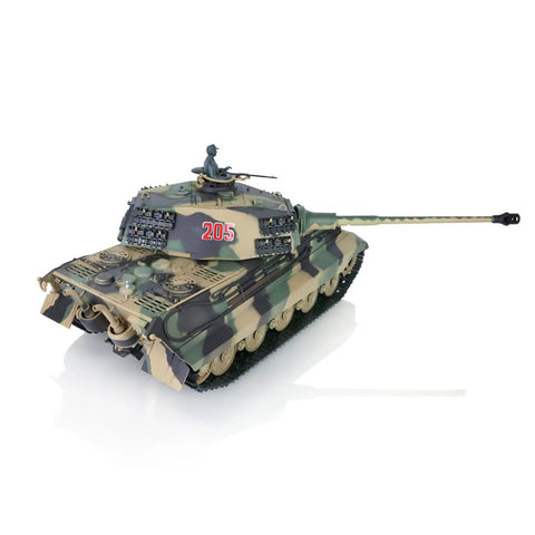 One Six Scale German King Tiger RC Tank RTR with 2.4G Radio, camouflage design, hull view with turret and barrel, number 205 visible