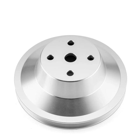 For Big Block Chevy Pulley Kit For 396 427 And 454 With Long Water Pump Setup Featuring Lightweight Aluminum Construction That Slaps On Easy And Runs Cooler For Your Classic Ride silver aluminum pulley close-up