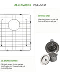 Accessories for heavy duty 16 gauge stainless steel undermount bar sink with bottom grid and 3.5 inch basket drainer