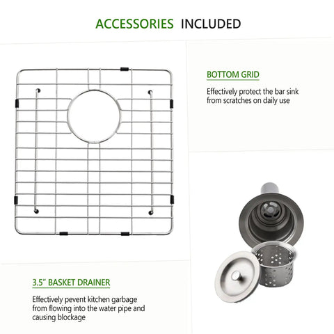 Accessories for heavy duty 16 gauge stainless steel undermount bar sink with bottom grid and 3.5 inch basket drainer