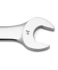 Close-up of a shiny open-end of a 14 Piece 6 Point SAE Combination Wrench Set With Off Corner Loading Box Ends For A Beefy Grip And Less Rounding Durable Alloy Steel Tools For Auto Repair, Motorcycle Work, And DIY Projects.