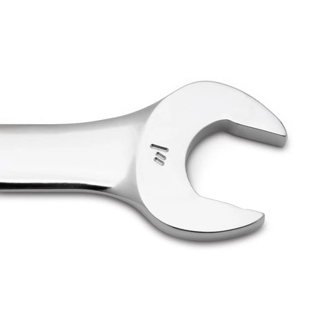 Close-up of a shiny open-end of a 14 Piece 6 Point SAE Combination Wrench Set With Off Corner Loading Box Ends For A Beefy Grip And Less Rounding Durable Alloy Steel Tools For Auto Repair, Motorcycle Work, And DIY Projects.