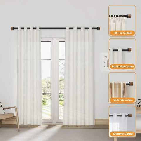 Heavy Duty 1 Inch Adjustable Curtain Rod With Imitation Wood Grain Finials, Extends From 32 To 84 Inches, multiple curtain styles