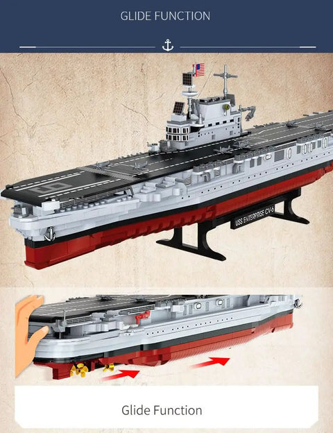 Epic USS Enterprise Aircraft Carrier Model Kit With 1883 Building Blocks, showcasing gliding wheel feature and realistic design.