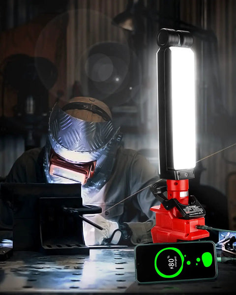 Milwaukee 18V Compatible LED Work Light 30W 2400LM with USB Port on jobsite featuring mounting hooks and cordless power in use