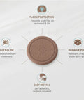 Image of brown self-adhesive PVC furniture pad with text on features, ideal for hardwood and tile floors glide protection, quiet movement.