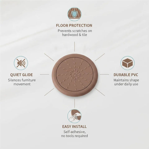 Image of brown self-adhesive PVC furniture pad with text on features, ideal for hardwood and tile floors glide protection, quiet movement.