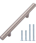 Euro Bar Cabinet Handle Set 50 Pack Satin Nickel Finish For Cabinets And Cupboards 5.38 Inch Length 3 Inch Hole Center 1.38 Inch Projection