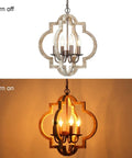 4 Light Farmhouse Chandelier With Handmade Wood Frame And Rustic Bronze Arms, Ceiling Light Fixture, light on and off view