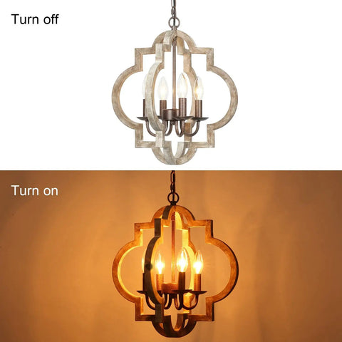 4 Light Farmhouse Chandelier With Handmade Wood Frame And Rustic Bronze Arms, Ceiling Light Fixture, light on and off view