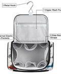 Open view of aircraft inspired travel toiletry bag showing pockets, mesh compartments, and hanging hook for toiletries.