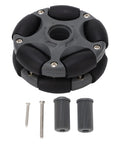 58mm omnidirectional wheel for robots with screws and hubs, black and grey durable design for robotics and machinery applications.