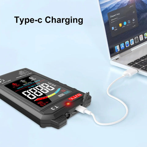Ultra Thin Rechargeable Digital Multimeter With 3.2 Inch Color LCD Auto Ranging 600V AC DC Tester with Type-C charging connected to a laptop