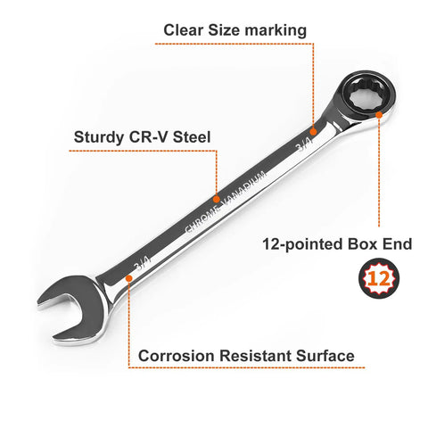 Pro Shop Workhorse 3/4 Inch Ratcheting Combination Wrench SAE with sturdy CR-V steel and 12-point box end design.