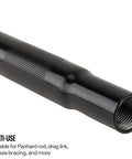 Heavy Duty Swaged Steel Linkage Tube IMCA Approved With Five Eighth Inch Threads Black Coated Adjustable Panhard Tie Rod close-up showing threads.