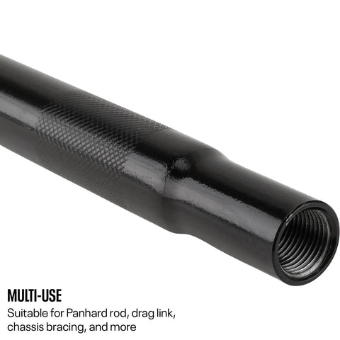 Heavy Duty Swaged Steel Linkage Tube IMCA Approved With Five Eighth Inch Threads Black Coated Adjustable Panhard Tie Rod close-up showing threads.