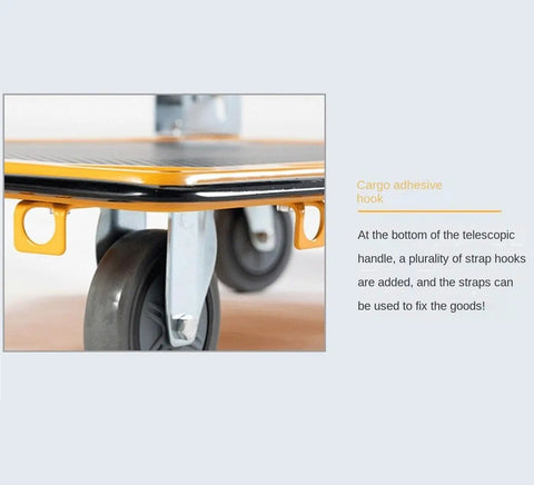 Heavy Duty Push Cart Dolly With Folding Platform Hand Truck For Home Office Warehouse Garage And Garden Use A Workhorse Mobile Utility Cart With Dual Swivel Casters And Rigid Wheels close-up of strap hook
