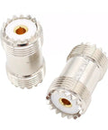 3 Pack SO239 UHF Female To Female PL259 Barrel Connectors For CB Ham Radio Antennas And SWR Meter Cable Extensions Brass Nickel Plated Coax Couplers Built For Durability, close-up view