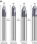 ASNOMY 4pc carbide chamfer router bits, 60°/90° V-groove, 3-flute, 50 mm length; shanks 4/6 mm; Amazon.