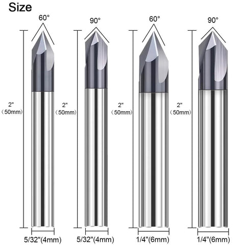 ASNOMY 4pc carbide chamfer router bits, 60°/90° V-groove, 3-flute, 50 mm length; shanks 4/6 mm; Amazon.