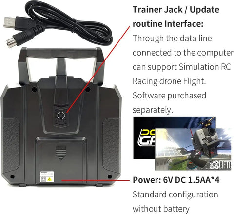 Back view of 2.4GHz AFHDS2A RC Transmitter And iBus Receiver Bundle For FPV Drones, showing ports and power details