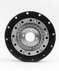Top Notch Precision Harmonic Drive Robot Gear Reducer featuring tight horizontal mount and one hundred reduction ratio, showcasing sleek metal structure.