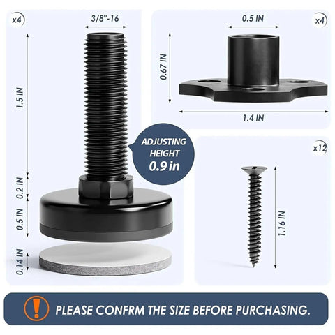 Close-up of Eight Pack Adjustable Furniture Feet With Three Eighths Inch Sixteen Thread T Nut Kit Levelers, dimensions shown