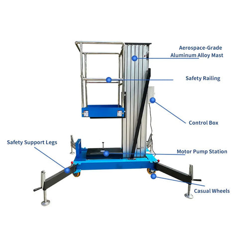 26 Foot Electric Aerial Work Platform And Aluminum Alloy Lift Table Featuring Smooth Hydraulic Drive Slick Operation Heavy Duty Mobile Scaffold For Tight Spots And No Sweat Assembly showing aerospace-grade aluminum mast and safety features.