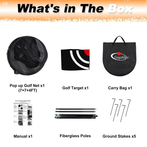 Contents of Pop Up Golf Practice Net 7x7x4ft Hitting Cage With Target, including net, target, carry bag, manual, poles, and stakes.