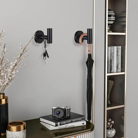 2 Pack Matte Black Wall Mount Towel Hooks Set Heavy Duty Robe Coat Hooks Holder installed on wall with keys and umbrella