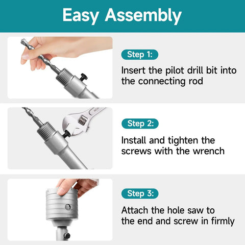 Assembly guide showing steps to use Boss Level 6 Piece Masonry Concrete Hole Saw Kit With Tungsten Carbide Segments.