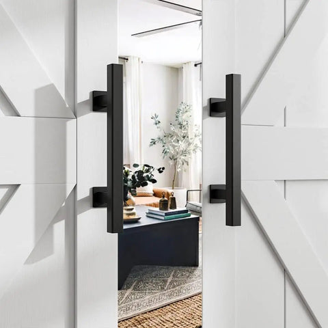 Two Pack 12 Inch Barn Door Handles Set With Rustic Two Side Pull And Flush Sliding Design in Black Square Finish on white doors.