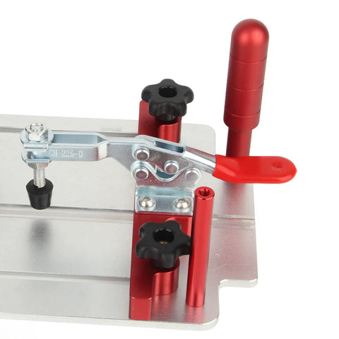 Aluminum Router Table Coping Sled With Clear Acrylic Dust Board For Safer Clamping, adjustable clamps close-up view