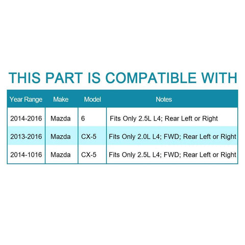 Compatibility chart for Rear Wheel Hub And Bearing Assembly 512519 For Mazda CX 5 2014 2020 5 Lug FWD 2 Pack Replacement