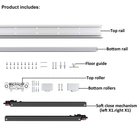 Concealed Sliding Barn Door Hardware With Soft Close, Trackless Wall-Mount System For 40 Inch To 44 Inch Openings components