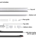 Concealed Trackless Sliding Barn Door Hardware Kit With Soft Close, includes rails, rollers, floor guide, soft close mechanism