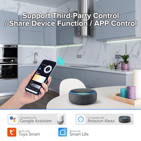 Smartphone controlling smart home devices in kitchen with voice assistant compatibility icons, hand holding phone showing app interface.