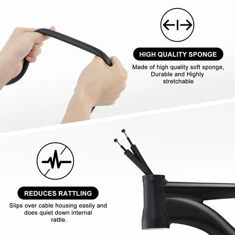 Hands stretching Internal Housing Damper Foam Sleeve For Bicycle Cables 63 Inch, showing flexible soft sponge material.