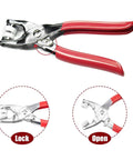 Must Have 200 Set Metal Snap Button Kit With 9.5mm Snaps And Fastener Pliers Press Tool, red handles, open and lock view