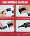 Installation method for Heavy Duty Cordless Rivet Nut Gun With 5200mAh Dual Batteries demonstrating connecting rod and ram head setup.