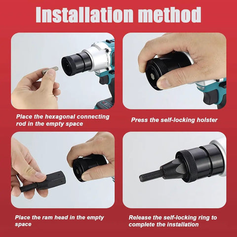 Installation method for Heavy Duty Cordless Rivet Nut Gun With 5200mAh Dual Batteries demonstrating connecting rod and ram head setup.