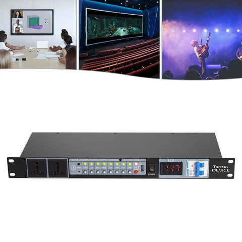 Heavy Duty Audio Power Conditioner With Ten Outlets And Usb Charging Ports Rock Solid Flame Retardant Abs Build, front view with LCD display.