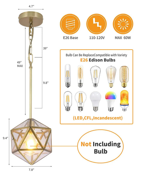 Modern Brass Chandelier With Adjustable Height Hanging Lights And 4mm Clear Glass Shade Pendant Lighting showing dimensions and bulb types