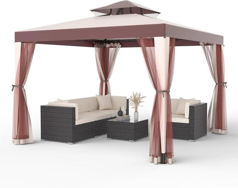 10x10 Outdoor Canopy Tent With UV Resistant Waterproof Top 2 Tier Vent Sturdy Patio Shelter With Removable Netting Ideal For Camping Backyard Parties Garden Grilling Beige And White