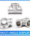 Stainless Steel 304 1 Inch NPT Female Tee Pipe Fitting 1 Inch By 1 Inch By 1 Inch Connector 2 Pack shown from multiple angles