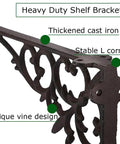Heavy Duty Shelf Bracket showcasing thickened cast iron, stable L corner, and unique vine design, part of 2 Pack Wall Mounted Shelf Brackets Built Ridiculously Tough And Dang Heavy Duty Vintage Cast Iron L Shape Corner Brace Sturdy Black Metal Floating Shelf Holder Perfect For Room Vibes.