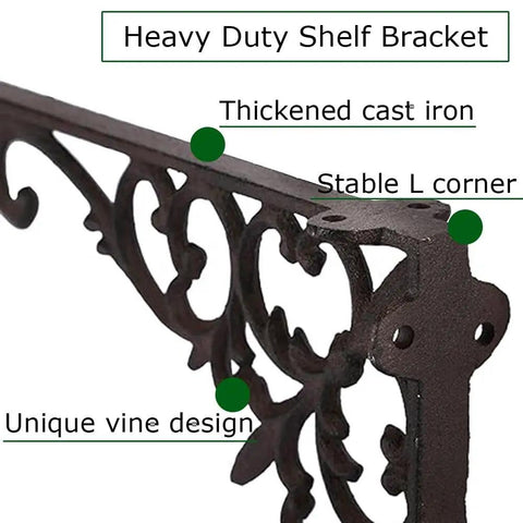 Heavy Duty Shelf Bracket showcasing thickened cast iron, stable L corner, and unique vine design, part of 2 Pack Wall Mounted Shelf Brackets Built Ridiculously Tough And Dang Heavy Duty Vintage Cast Iron L Shape Corner Brace Sturdy Black Metal Floating Shelf Holder Perfect For Room Vibes.
