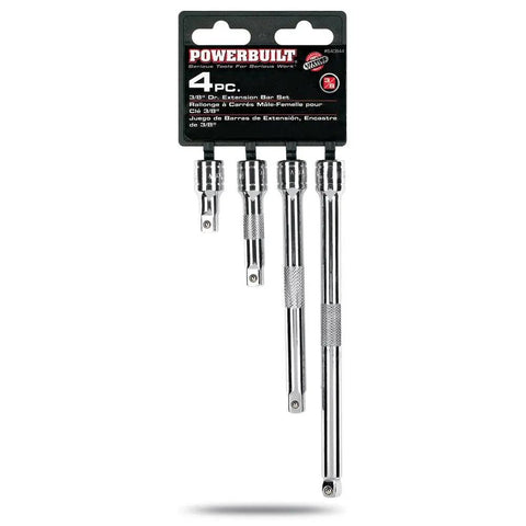 Heavy Duty Four Piece Three Eighths Inch Drive Extension Bar Set With One And Three Quarter Inch, Three, Six And Eight Inch Lengths Detent Ball