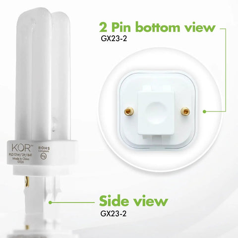 Four Pack 13 Watt Double Tube 2 Pin GX23 2 Plug In CFL Bulbs 4100K Cool White Replacement For GX23 2 Sockets side and base view